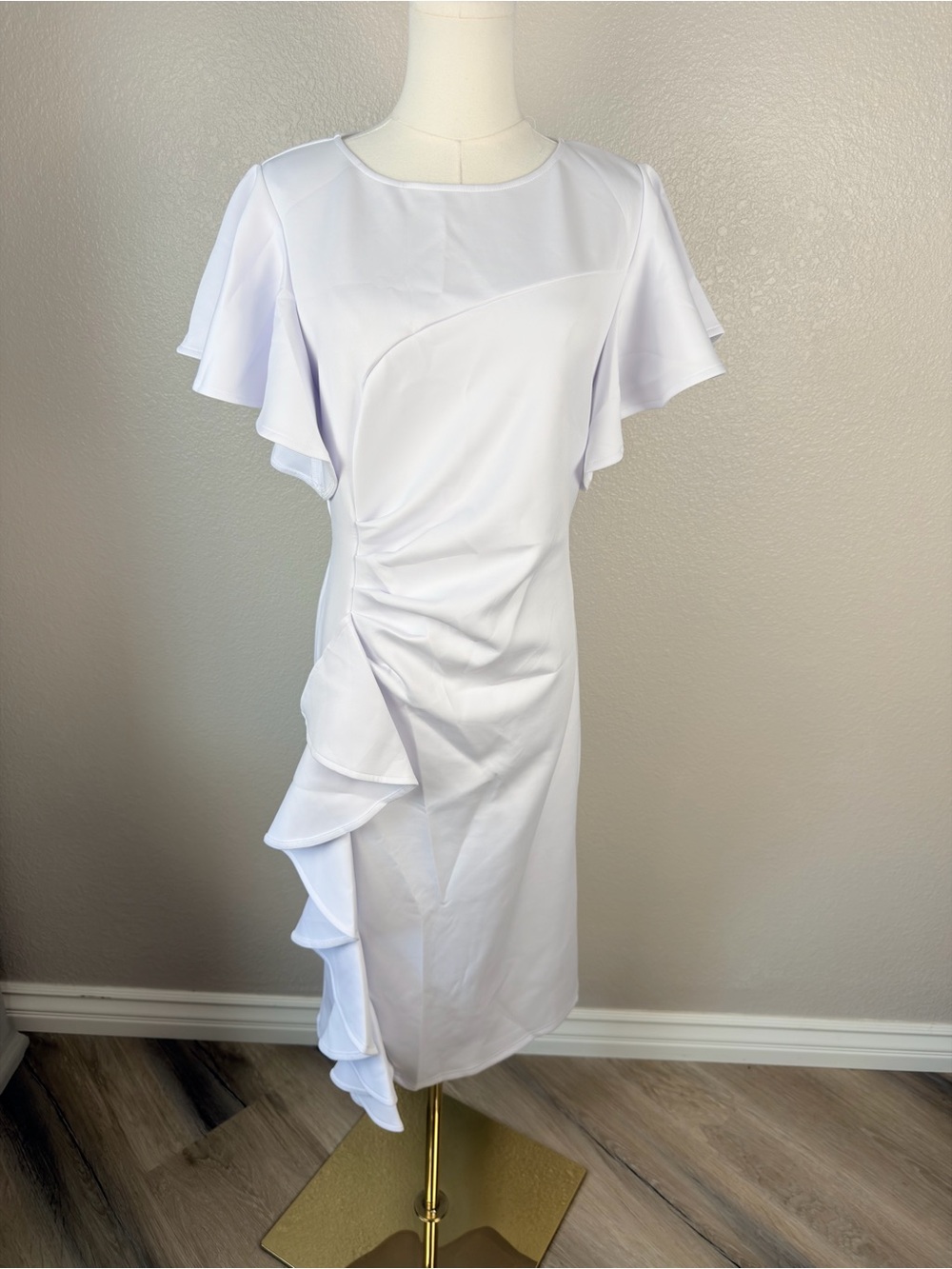 NWT Memoriesea Vintage Inspired Ruffle Sleeve Ruched Bodycon White Dress, XL - Picture 3 of 10